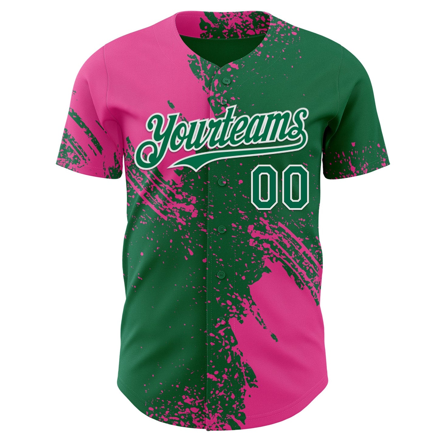 Custom Kelly Green Pink-White Abstract Brush Stroke Authentic Baseball Jersey view 2
