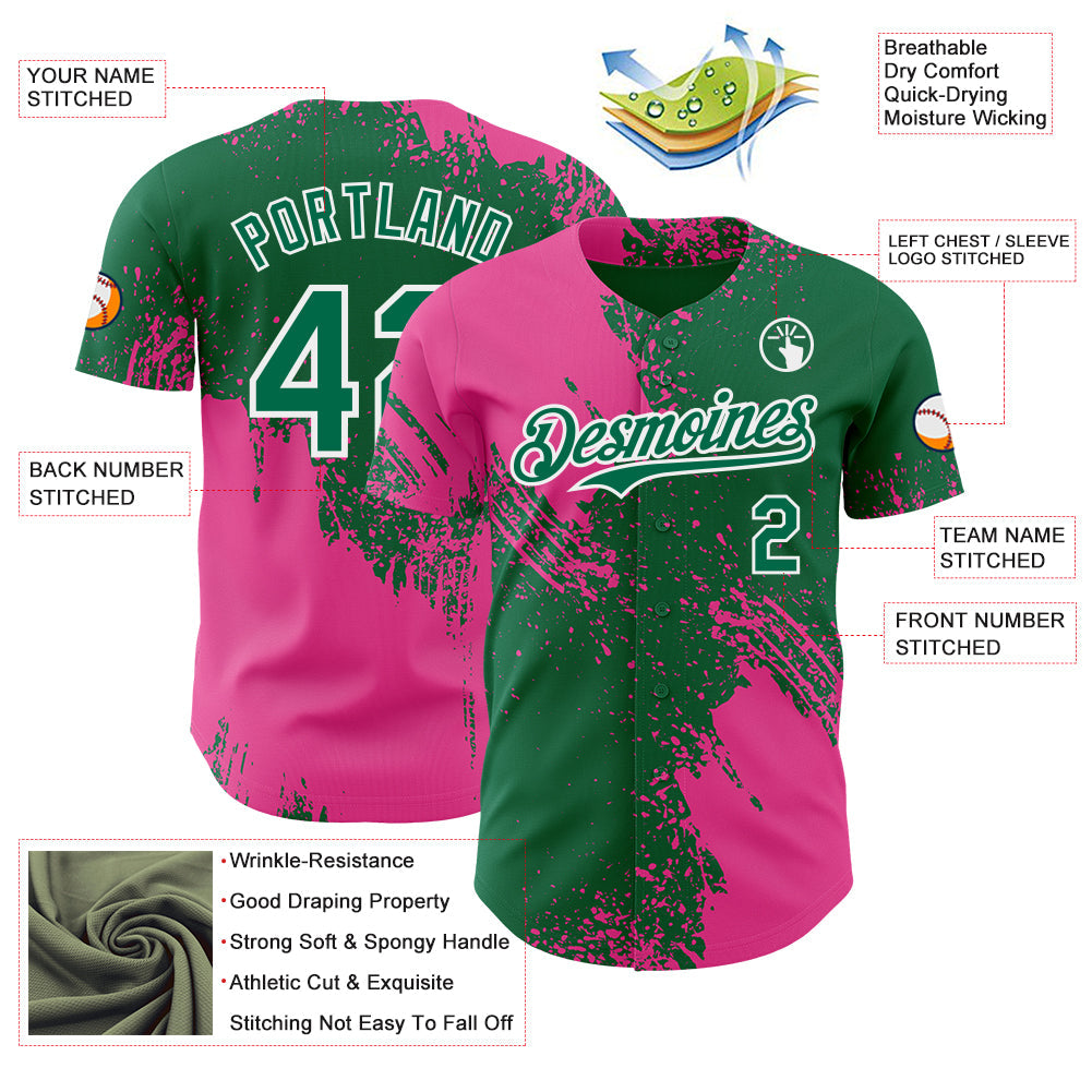 Custom Kelly Green Pink-White Abstract Brush Stroke Authentic Baseball Jersey view 3