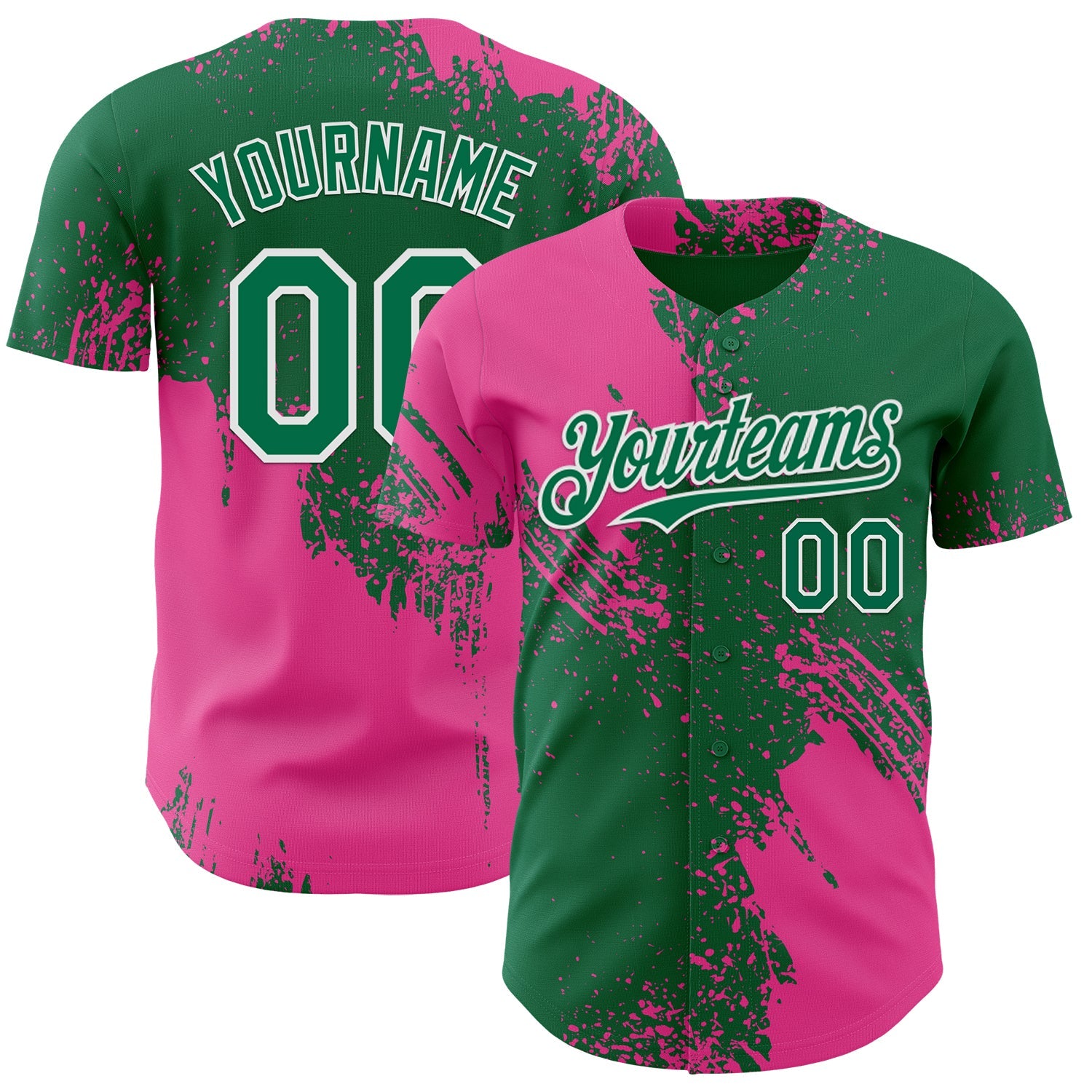 Custom Kelly Green Pink-White Abstract Brush Stroke Authentic Baseball Jersey - Main View
