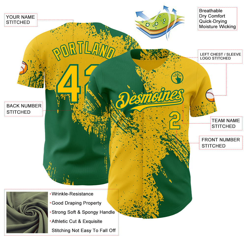 Custom Yellow-Kelly Green Abstract Brush Stroke Authentic Baseball Jersey view 3