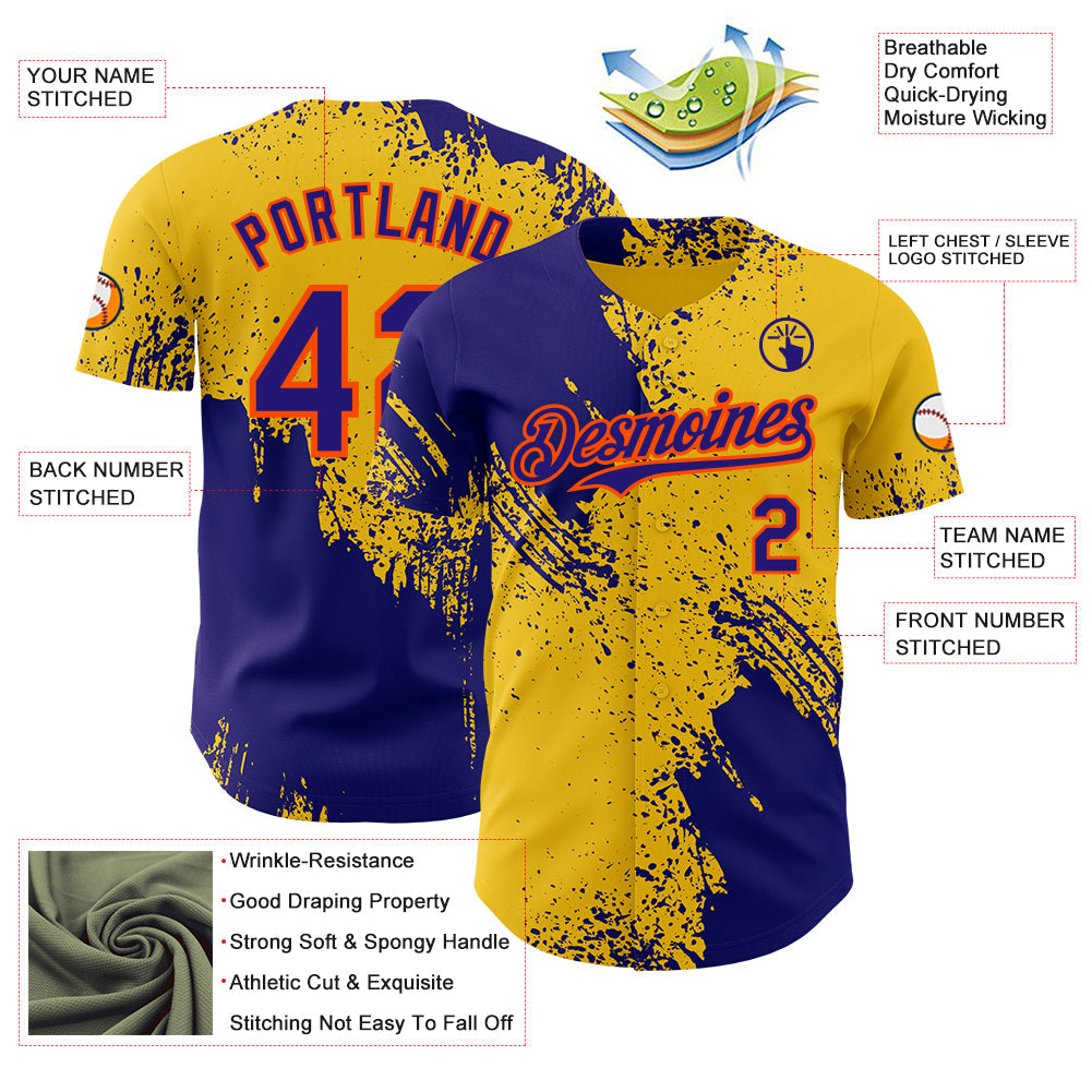 Custom Yellow Dark Purple-Orange Abstract Brush Stroke Authentic Baseball Jersey view 3