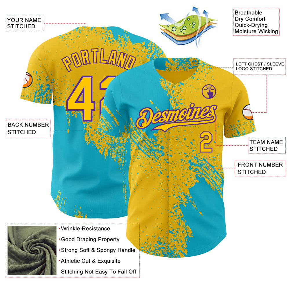 Custom Yellow Lakes Blue-Purple Abstract Brush Stroke Authentic Baseball Jersey view 3