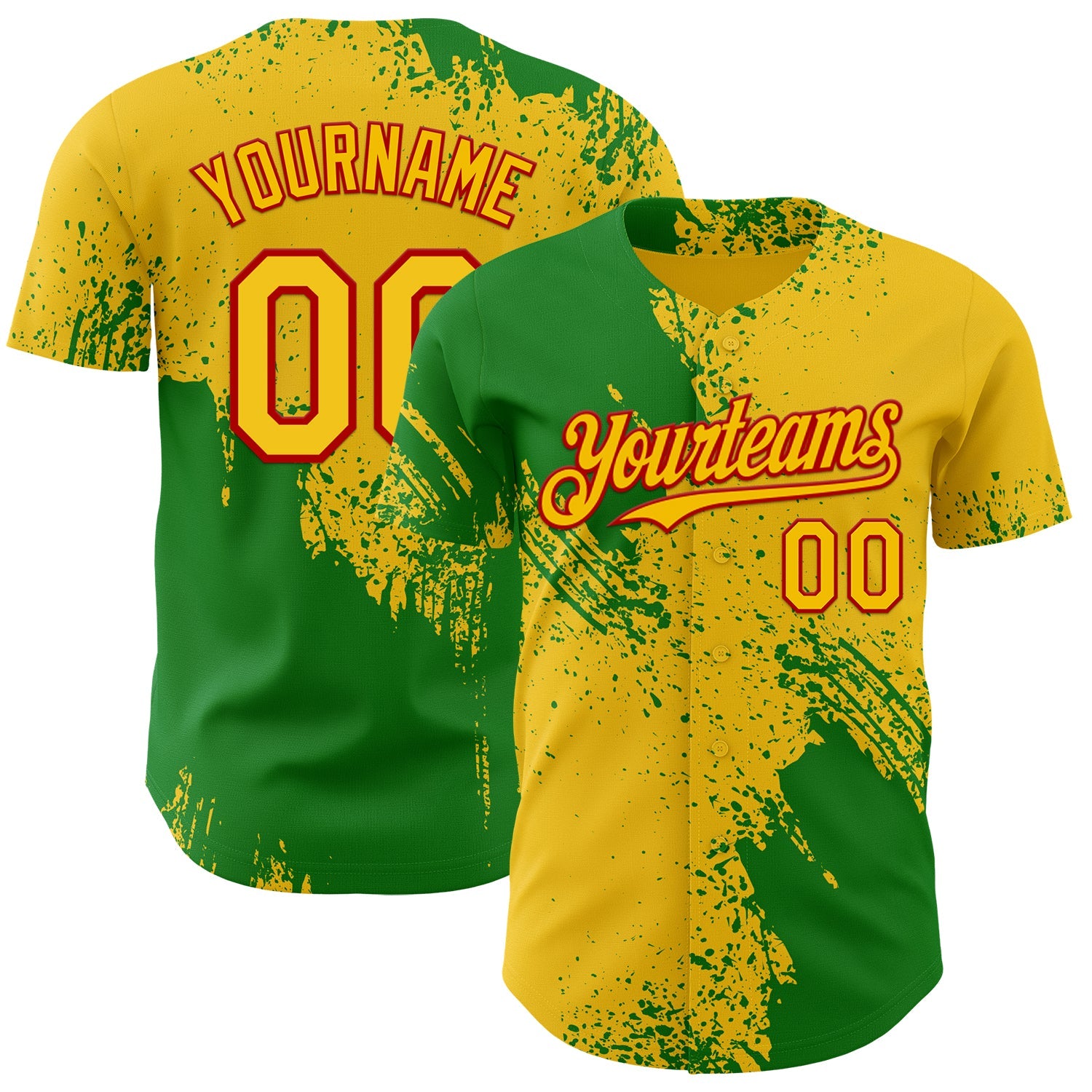 Custom Yellow Grass Green-Red Abstract Brush Stroke Authentic Baseball Jersey - Main View