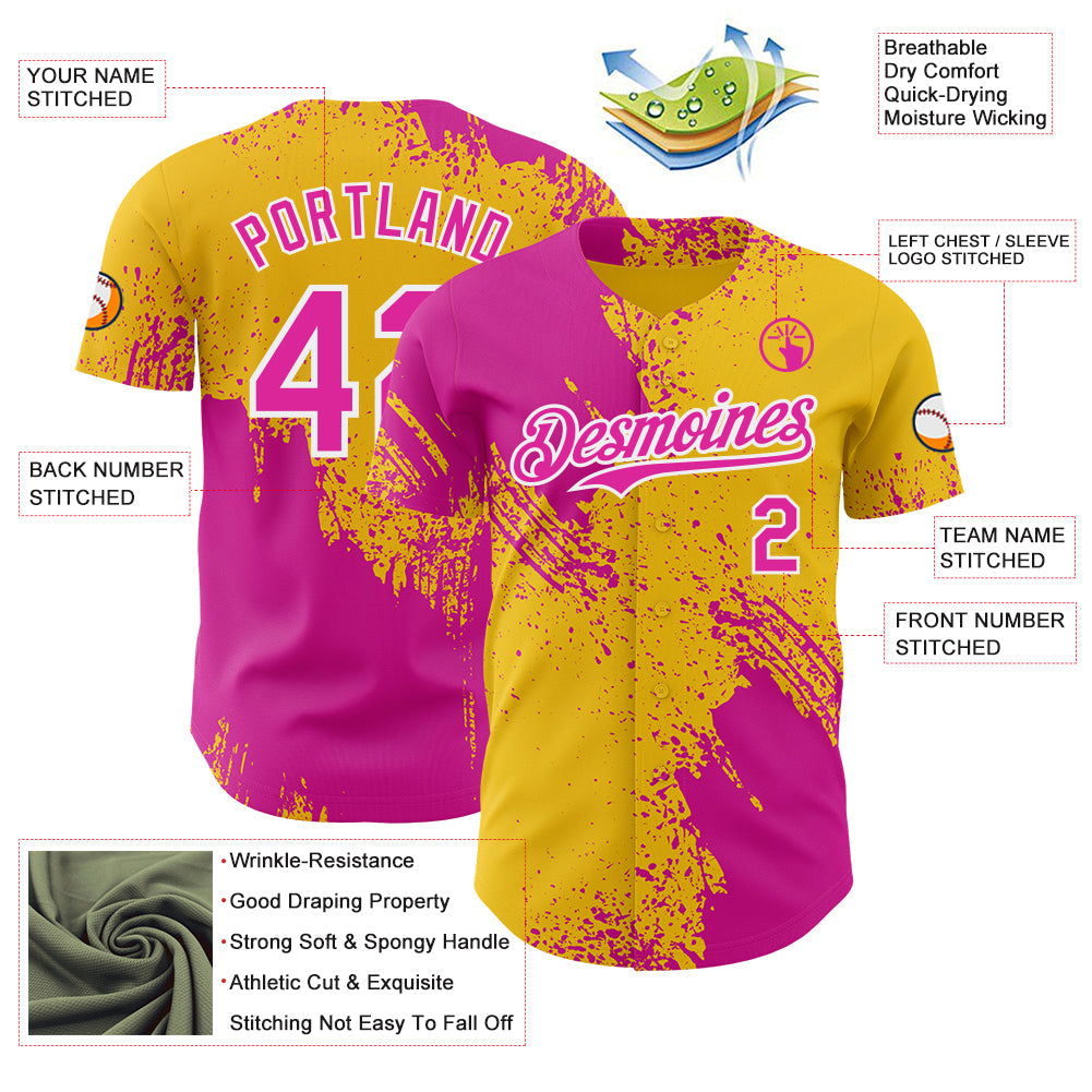 Custom Yellow Deep Pink-White Abstract Brush Stroke Authentic Baseball Jersey view 3