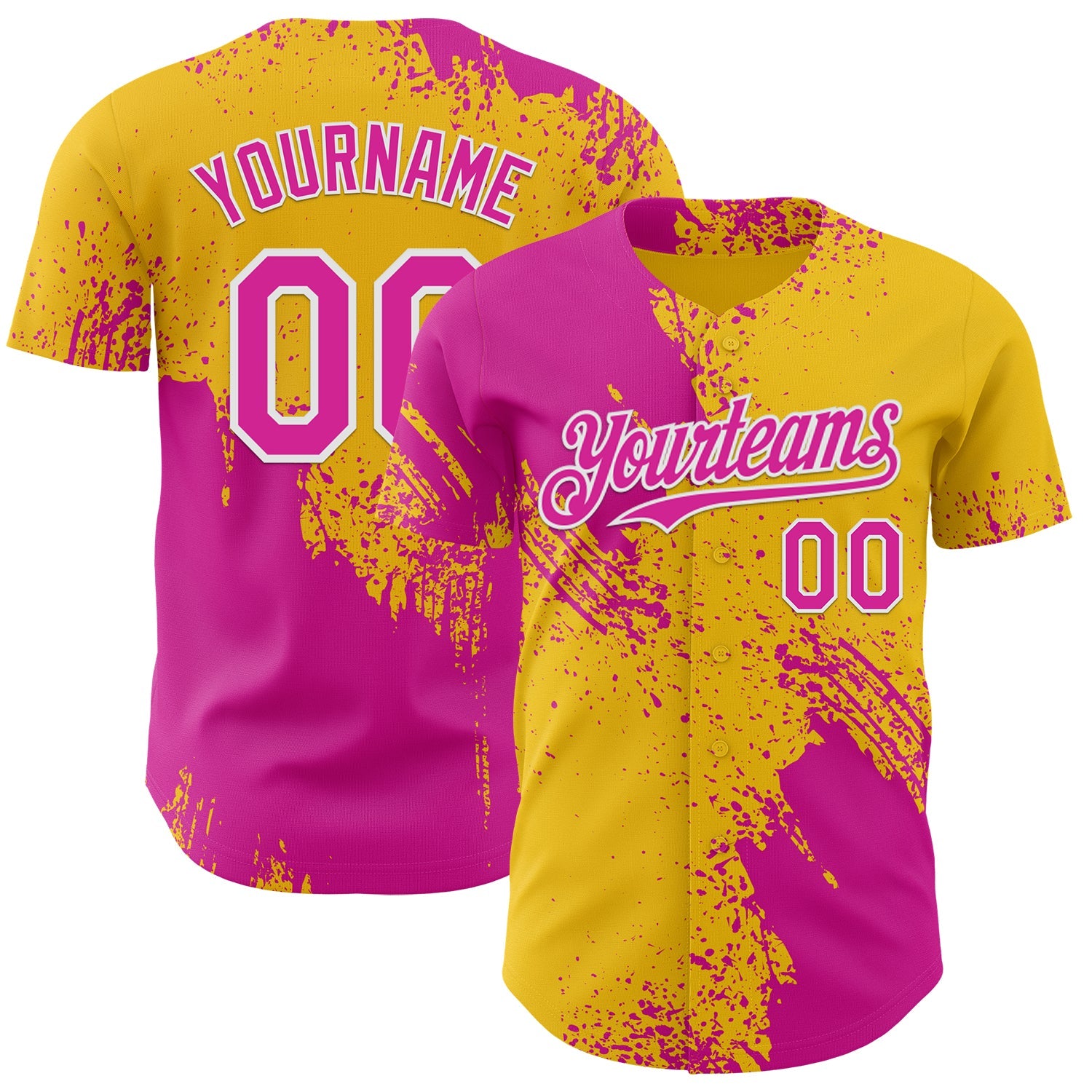 Custom Yellow Deep Pink-White Abstract Brush Stroke Authentic Baseball Jersey - Main View