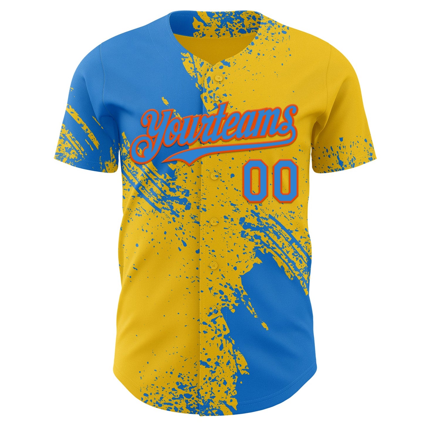 Custom Yellow Electric Blue-Orange Abstract Brush Stroke Authentic Baseball Jersey view 2