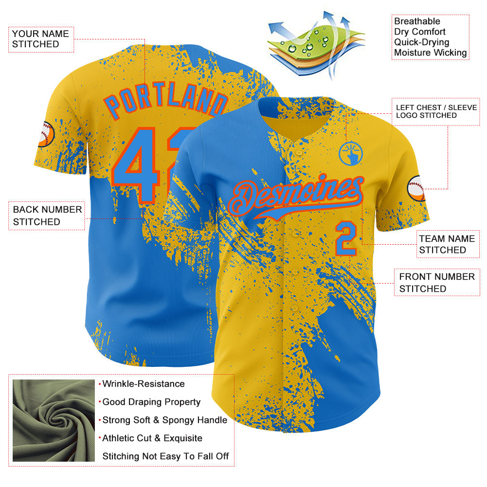 Custom Yellow Electric Blue-Orange Abstract Brush Stroke Authentic Baseball Jersey view 3