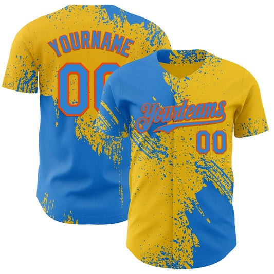 Custom Yellow Electric Blue-Orange Abstract Brush Stroke Authentic Baseball Jersey - Main View
