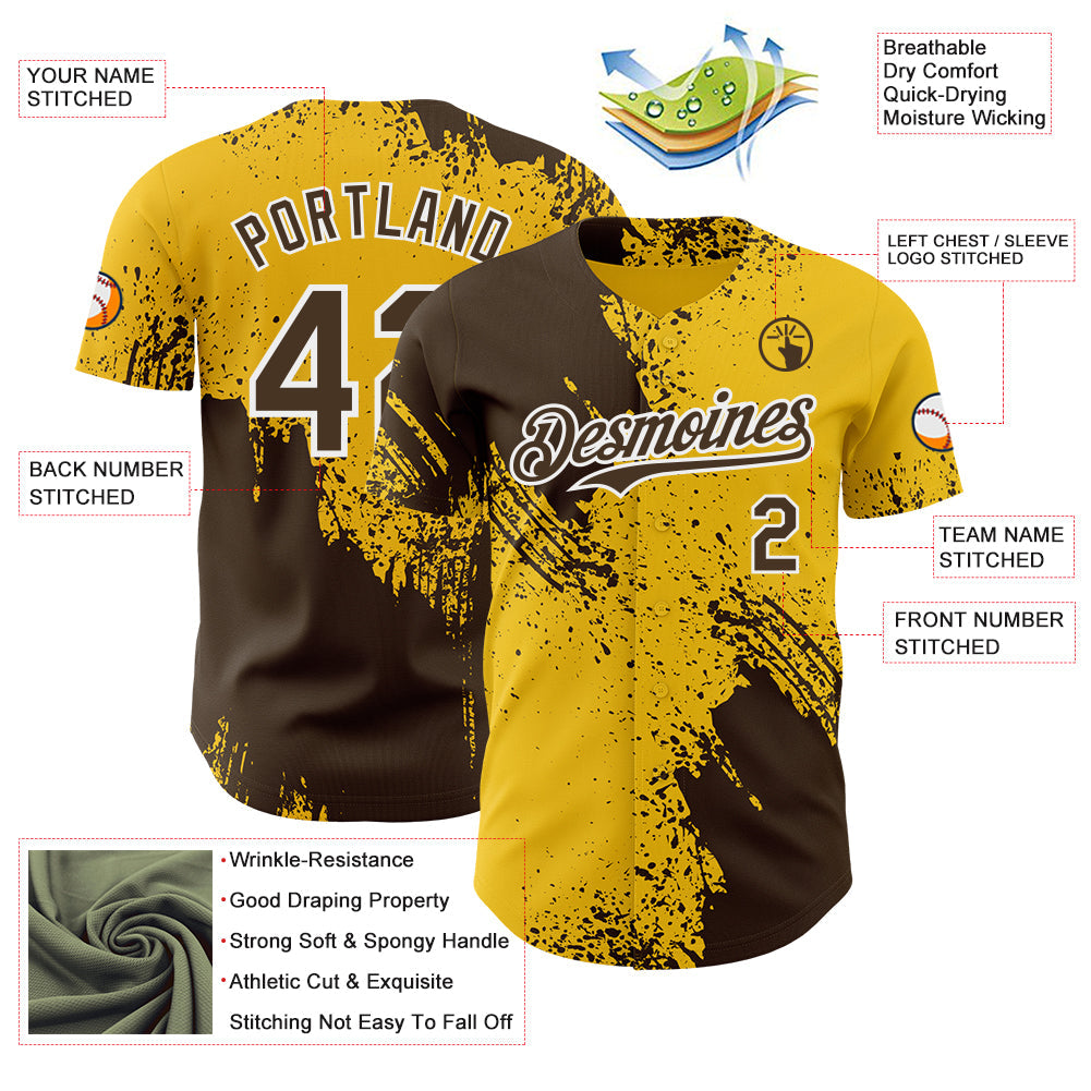 Custom Yellow Brown-White Abstract Brush Stroke Authentic Baseball Jersey view 3