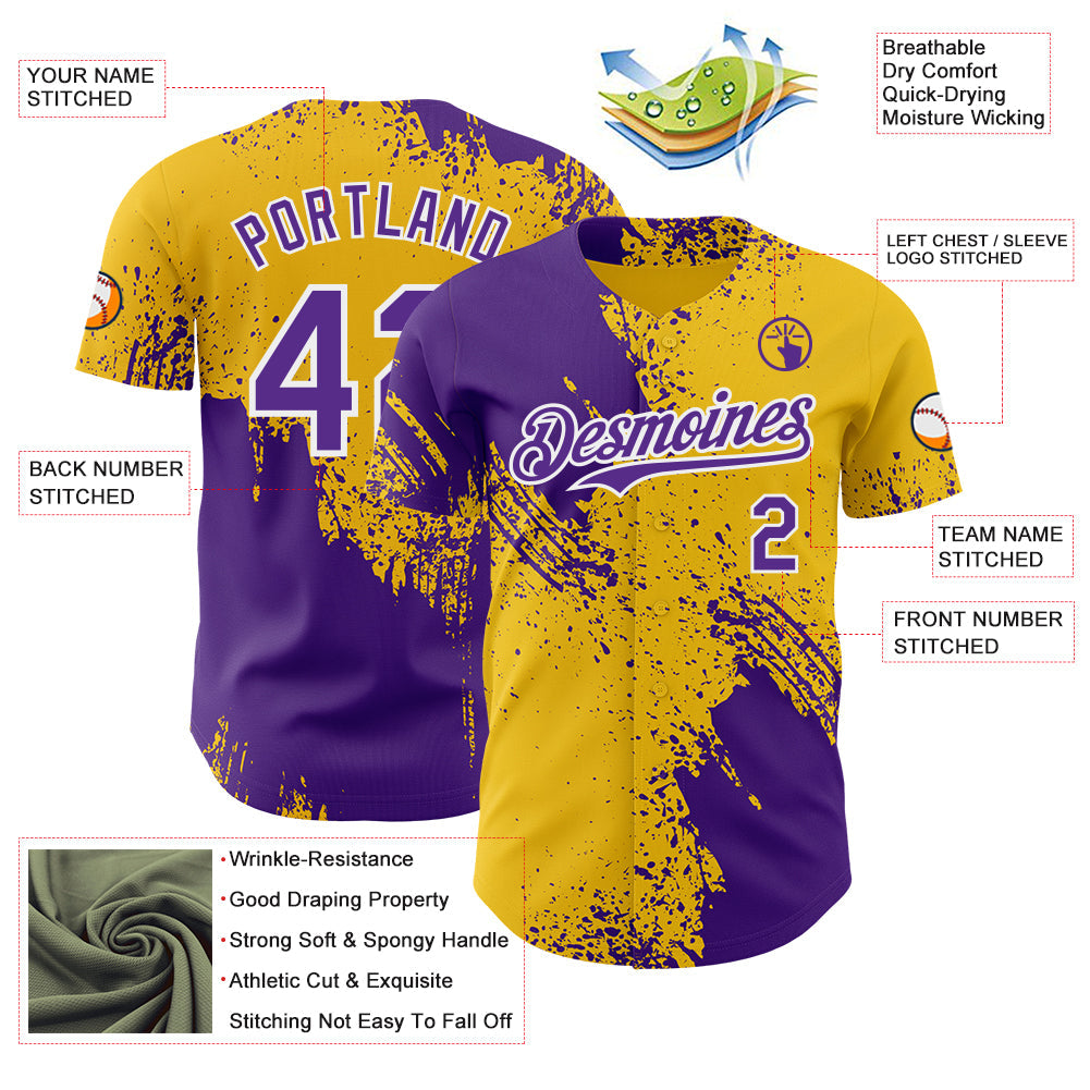 Custom Yellow Purple-White Abstract Brush Stroke Authentic Baseball Jersey view 3