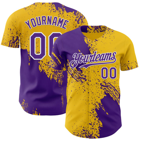 Custom Yellow Purple-White Abstract Brush Stroke Authentic Baseball Jersey - Main View