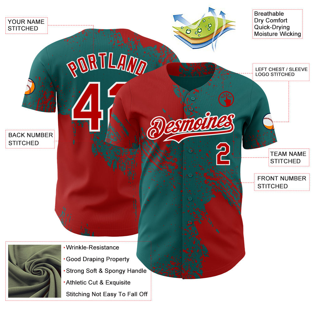 Custom Teal Red-White Abstract Brush Stroke Authentic Baseball Jersey view 3