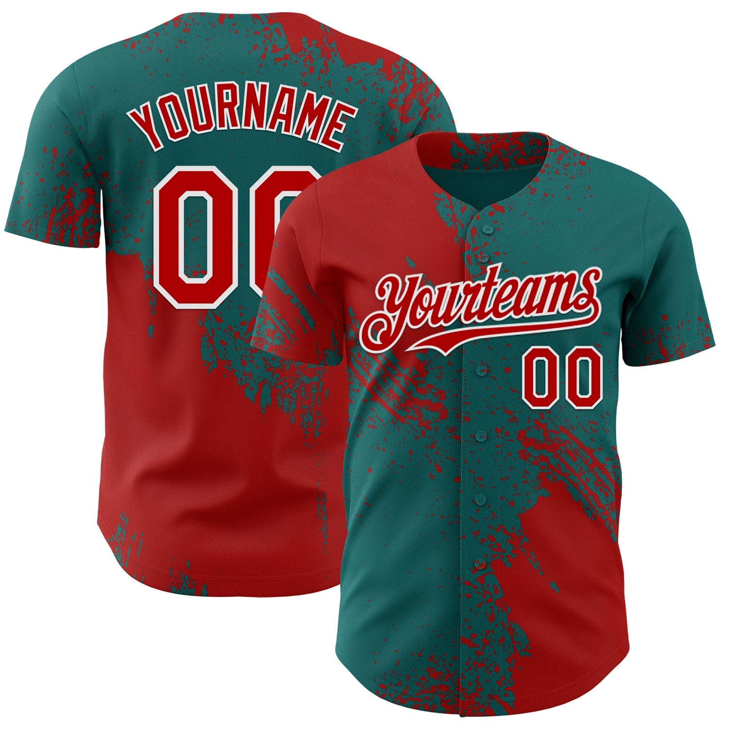 Custom Teal Red-White Abstract Brush Stroke Authentic Baseball Jersey - Main View