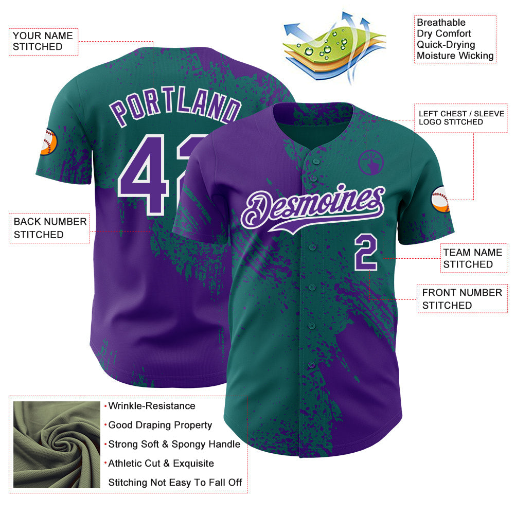 Custom Teal Purple-White Abstract Brush Stroke Authentic Baseball Jersey view 3