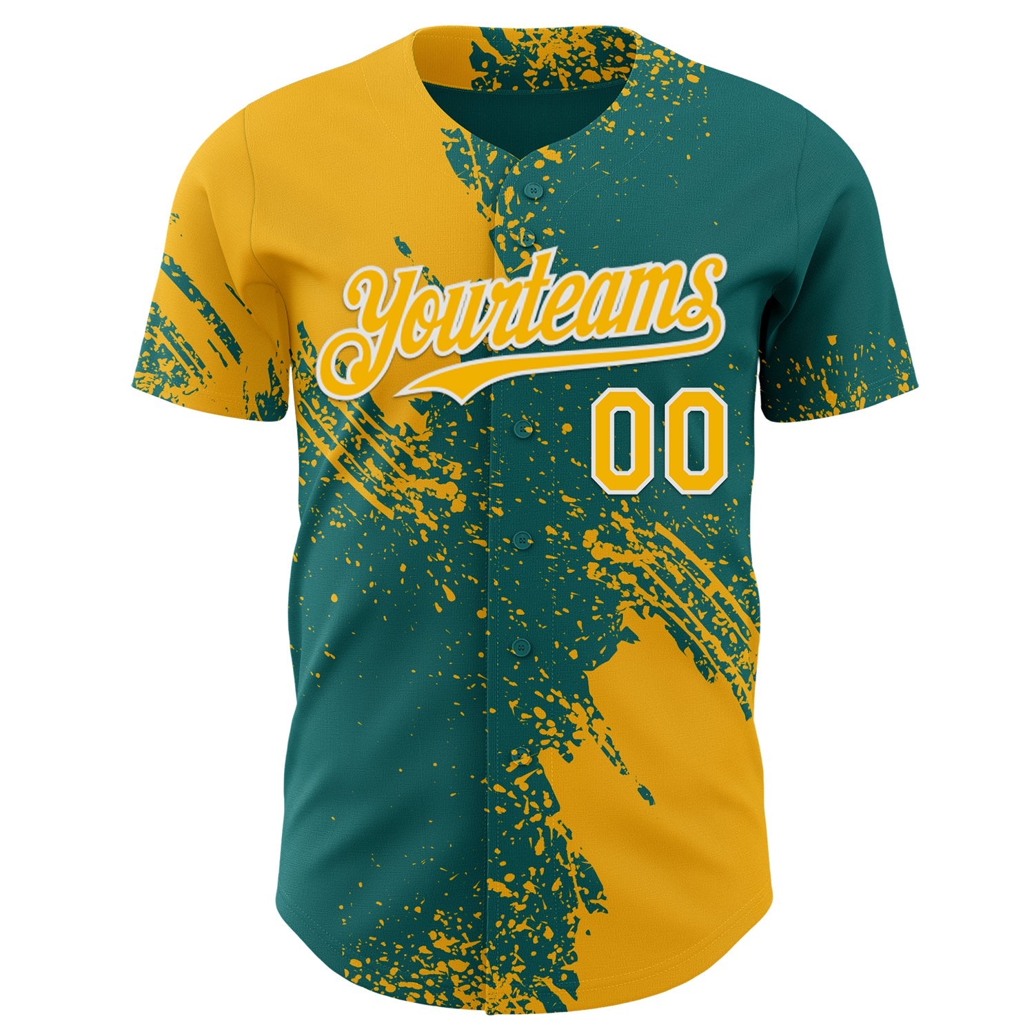Custom Teal Gold-White Abstract Brush Stroke Authentic Baseball Jersey view 2