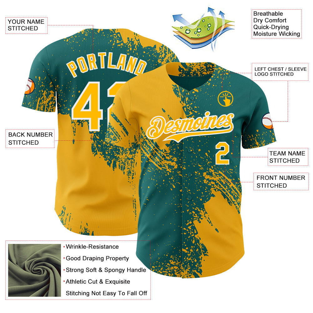 Custom Teal Gold-White Abstract Brush Stroke Authentic Baseball Jersey view 3