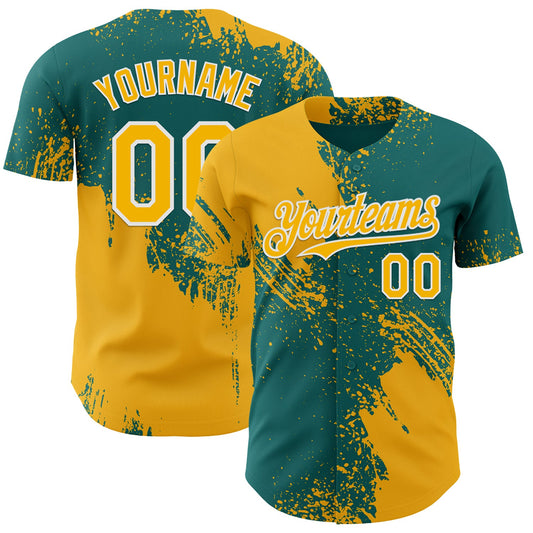 Custom Teal Gold-White Abstract Brush Stroke Authentic Baseball Jersey - Main View
