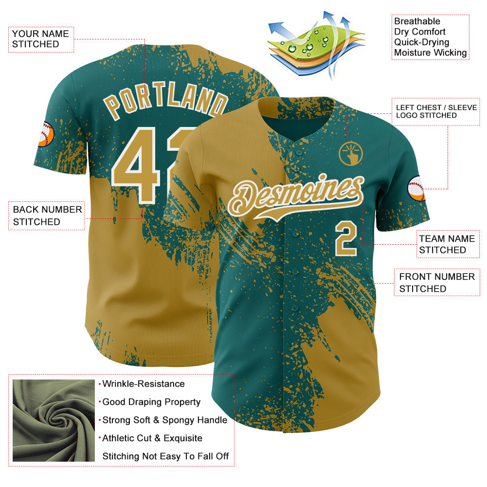 Custom Teal Old Gold-White Abstract Brush Stroke Authentic Baseball Jersey view 3