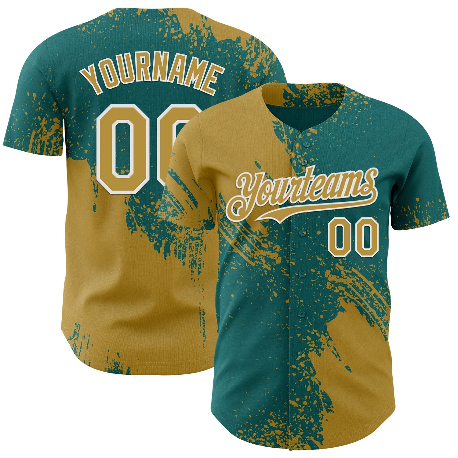 Custom Teal Old Gold-White Abstract Brush Stroke Authentic Baseball Jersey - Main View