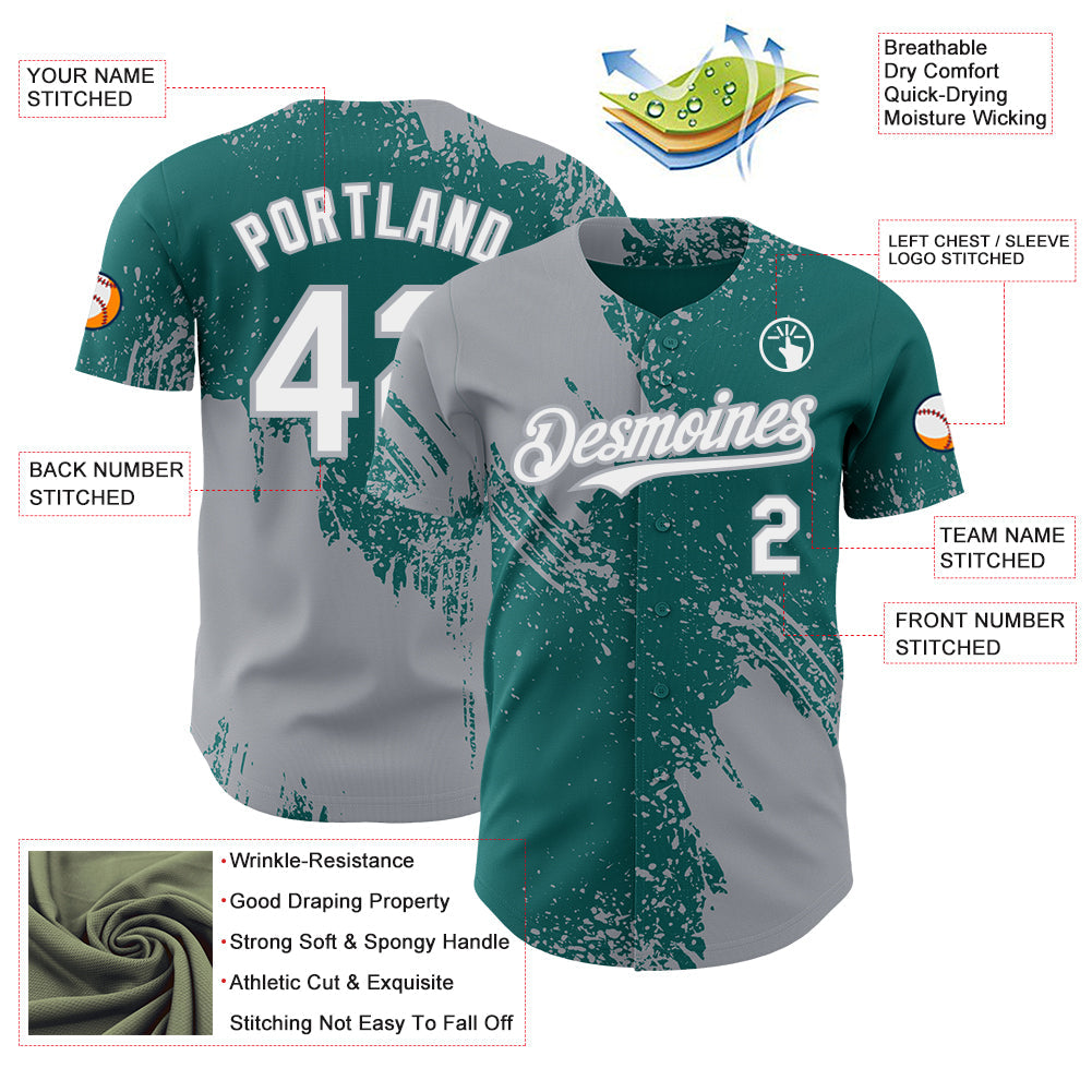 Custom Teal White-Gray Abstract Brush Stroke Authentic Baseball Jersey view 3