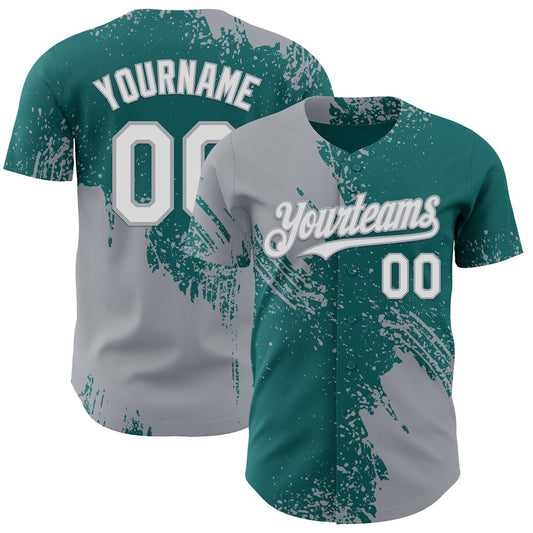Custom Teal White-Gray Abstract Brush Stroke Authentic Baseball Jersey - Main View