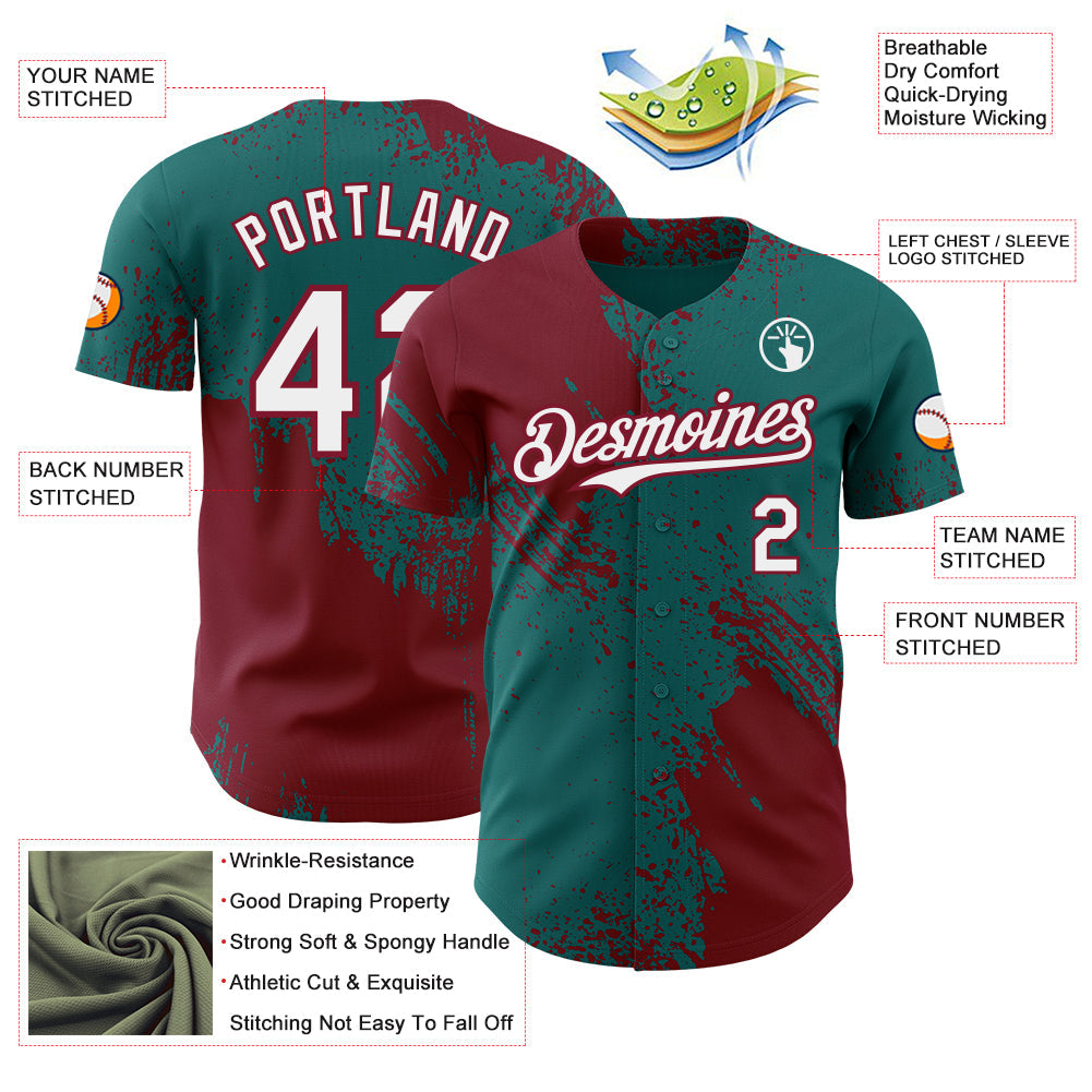 Custom Teal White-Crimson Abstract Brush Stroke Authentic Baseball Jersey view 3
