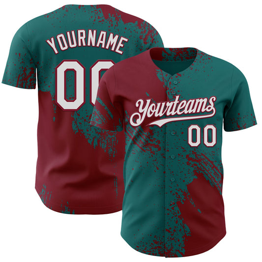 Custom Teal White-Crimson Abstract Brush Stroke Authentic Baseball Jersey - Main View