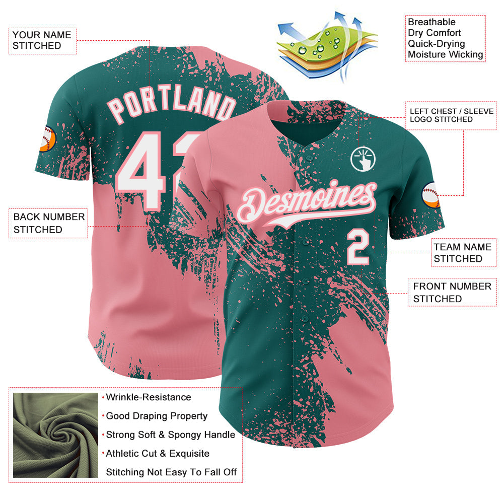 Custom Teal White-Medium Pink Abstract Brush Stroke Authentic Baseball Jersey view 3