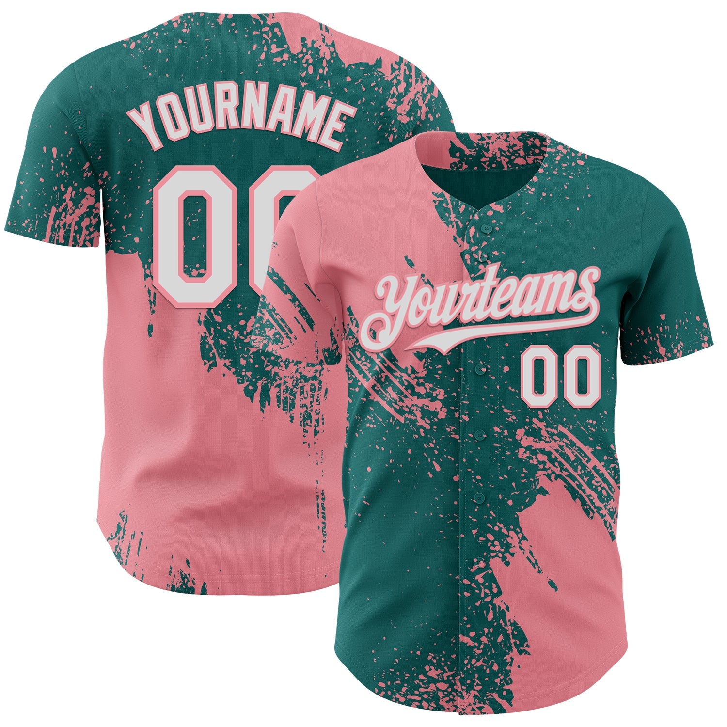 Custom Teal White-Medium Pink Abstract Brush Stroke Authentic Baseball Jersey - Main View