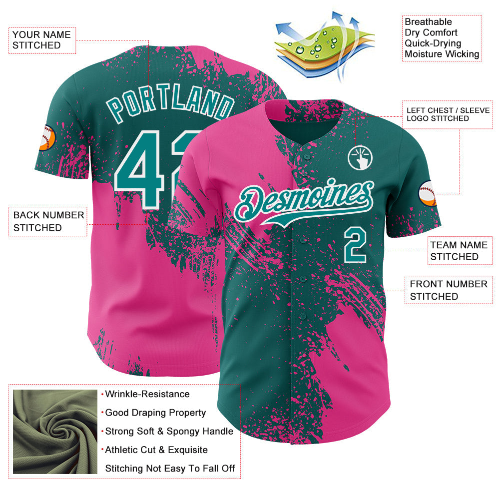 Custom Teal Pink-White Abstract Brush Stroke Authentic Baseball Jersey view 3