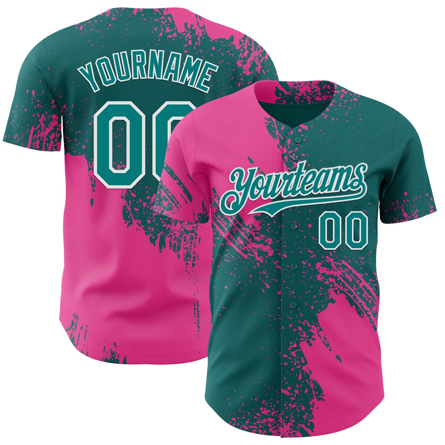 Custom Teal Pink-White Abstract Brush Stroke Authentic Baseball Jersey - Main View