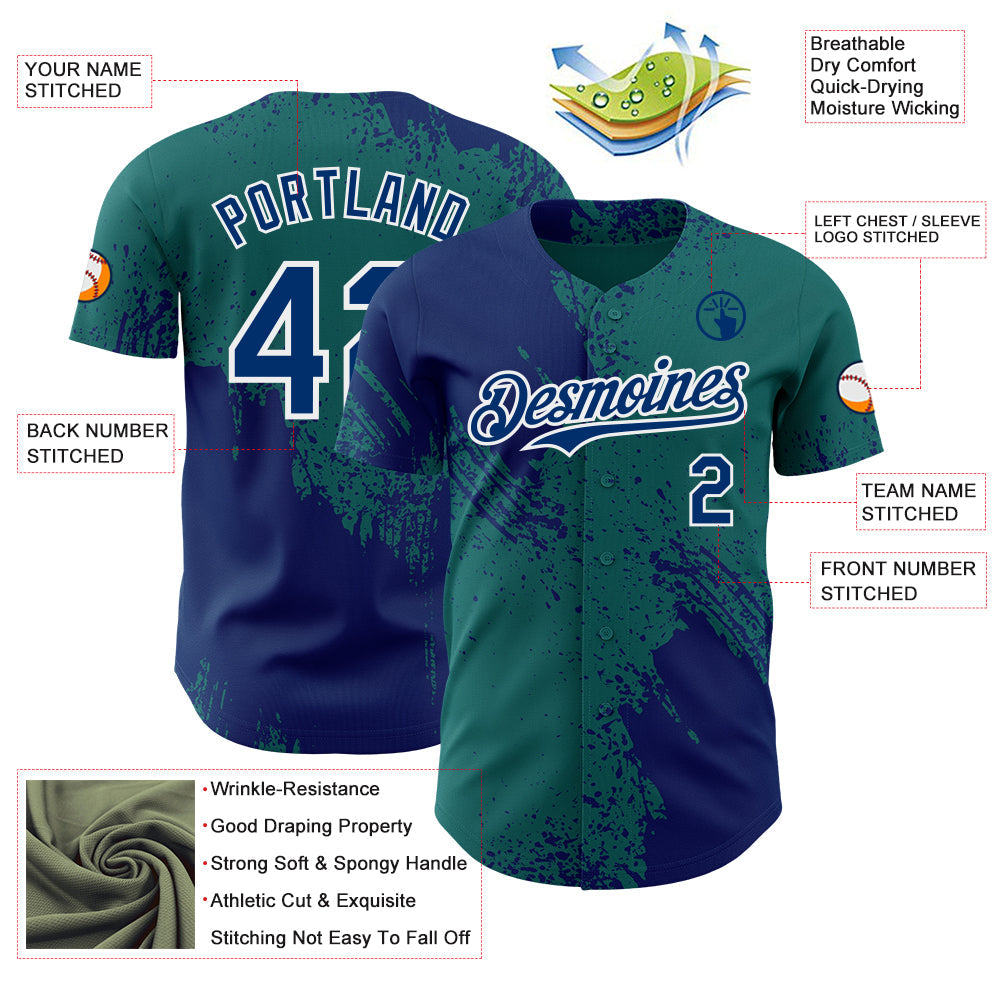Custom Teal US Navy Blue-White Abstract Brush Stroke Authentic Baseball Jersey view 3