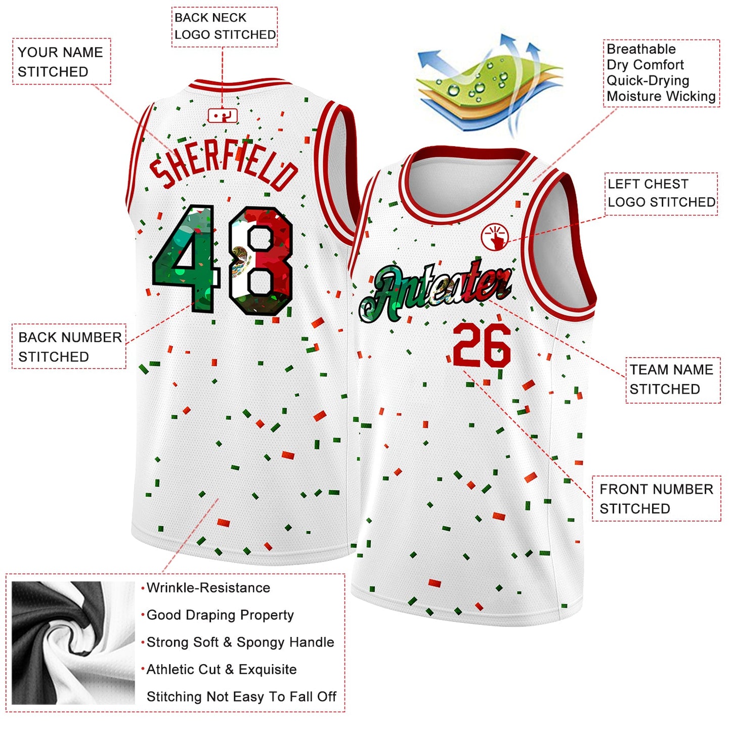 Custom White Mexican Flag Red-Kelly Green-Black 3D Authentic Basketball Jersey view 2