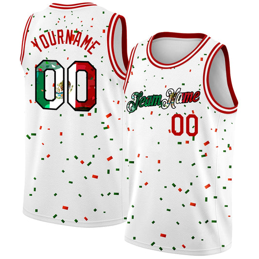 Custom White Mexican Flag Red-Kelly Green-Black 3D Authentic Basketball Jersey - Main View