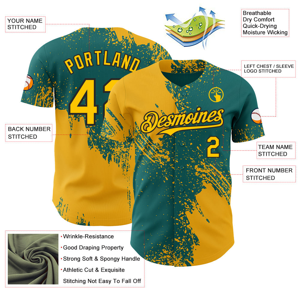 Custom Teal Yellow-Black Abstract Brush Stroke Authentic Baseball Jersey view 3