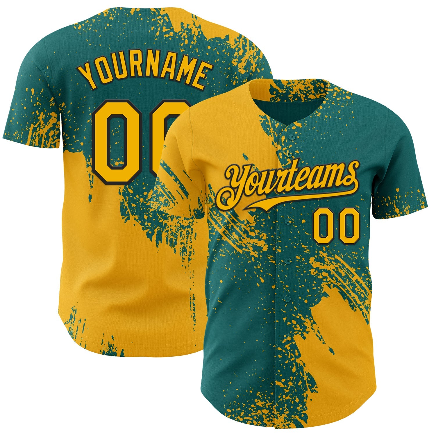 Custom Teal Yellow-Black Abstract Brush Stroke Authentic Baseball Jersey - Main View