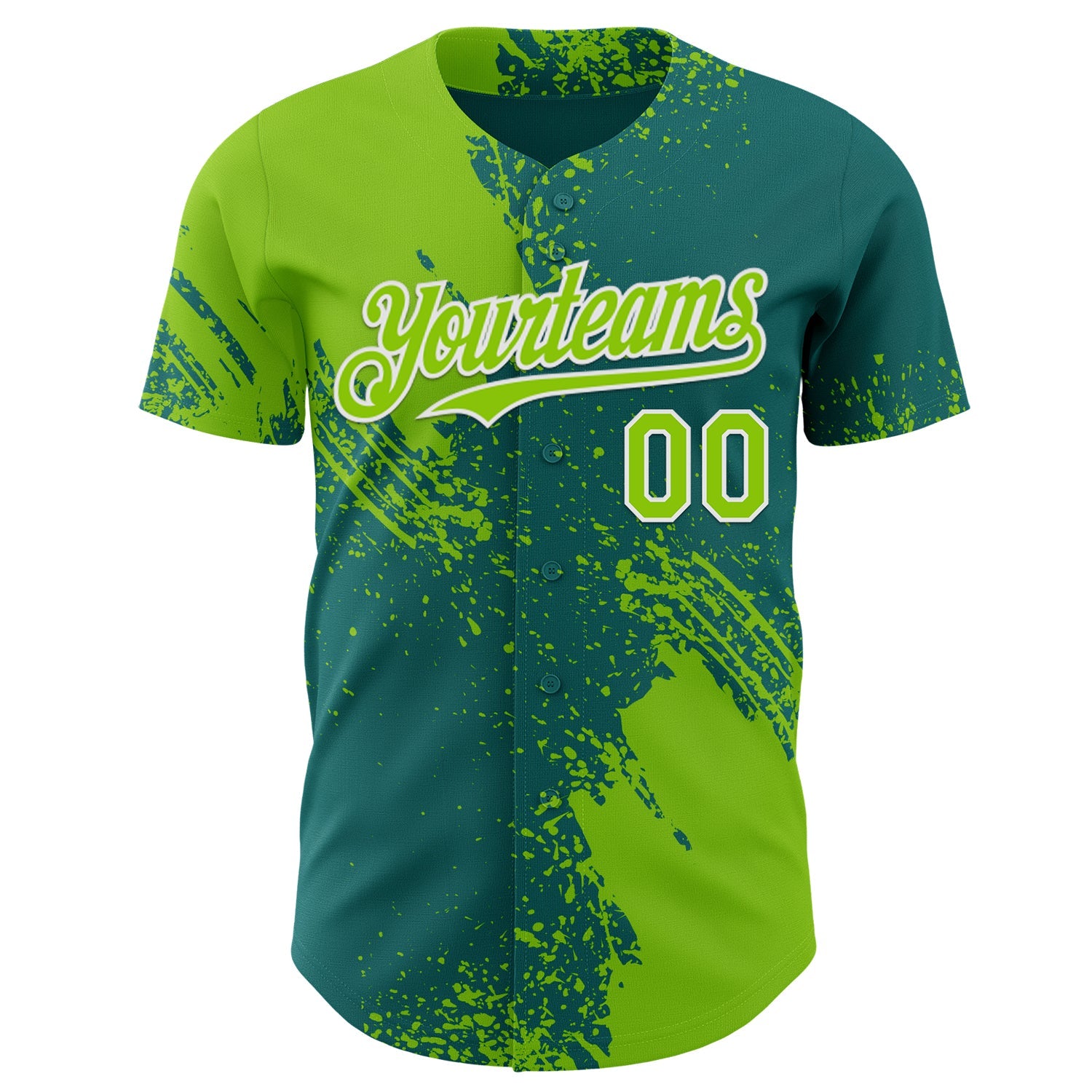 Custom Teal Neon Green-White Abstract Brush Stroke Authentic Baseball Jersey view 2