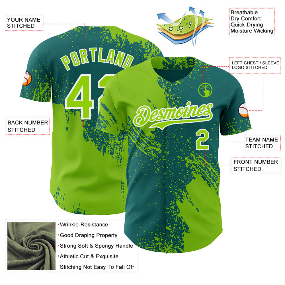 Custom Teal Neon Green-White Abstract Brush Stroke Authentic Baseball Jersey view 3