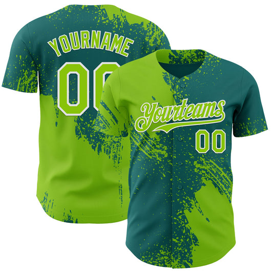 Custom Teal Neon Green-White Abstract Brush Stroke Authentic Baseball Jersey - Main View