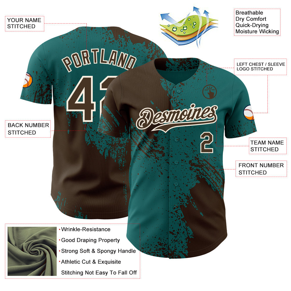 Custom Teal Brown-Cream Abstract Brush Stroke Authentic Baseball Jersey view 3