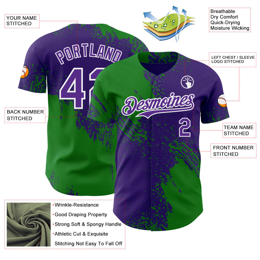 Custom Purple Grass Green-White Abstract Brush Stroke Authentic Baseball Jersey view 3