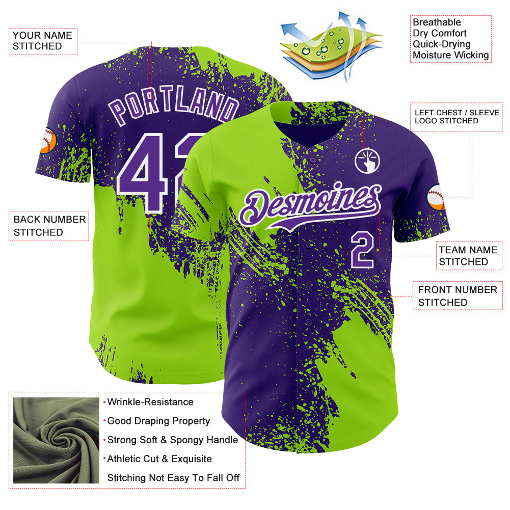 Custom Purple Neon Green-White Abstract Brush Stroke Authentic Baseball Jersey view 3