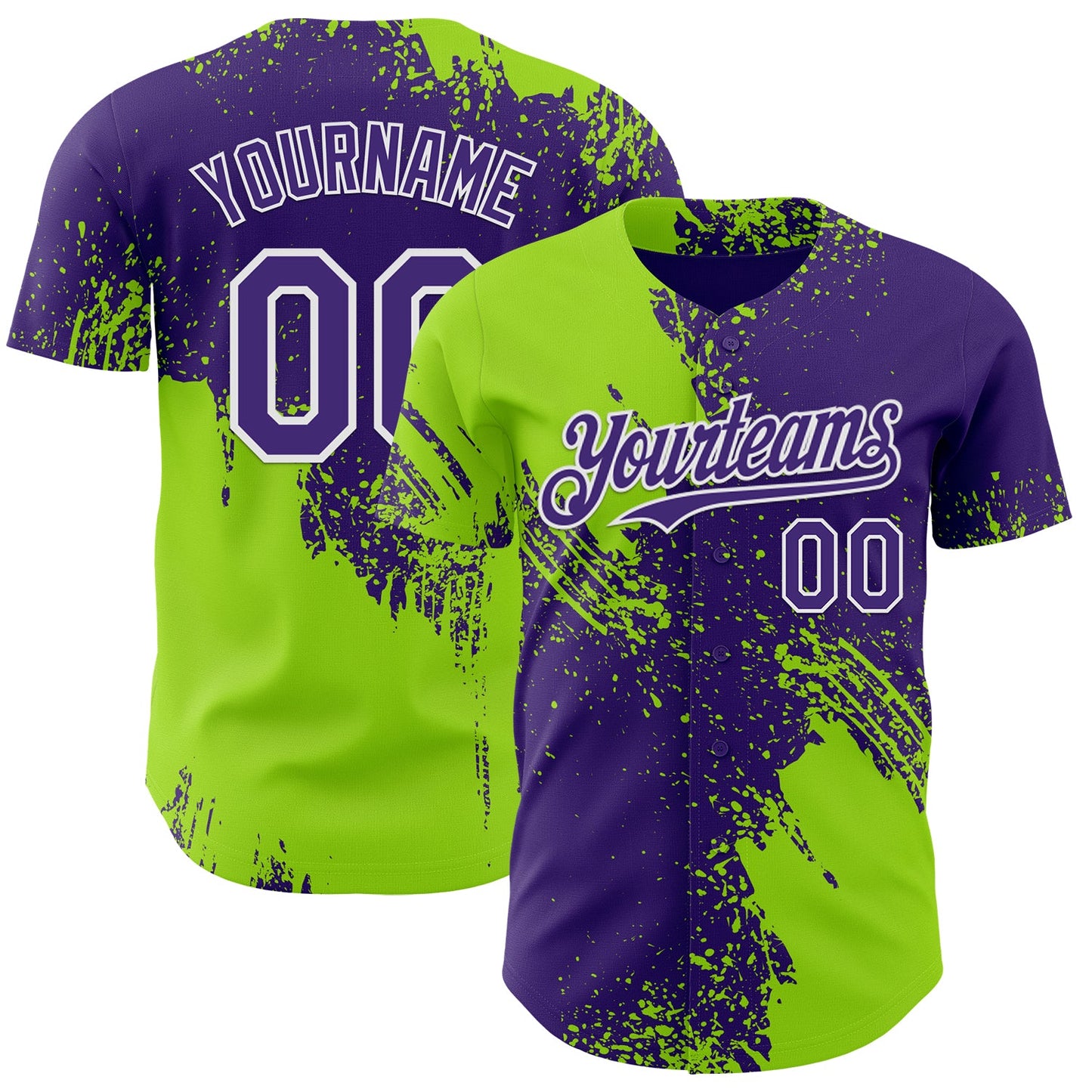 Custom Purple Neon Green-White Abstract Brush Stroke Authentic Baseball Jersey - Main View