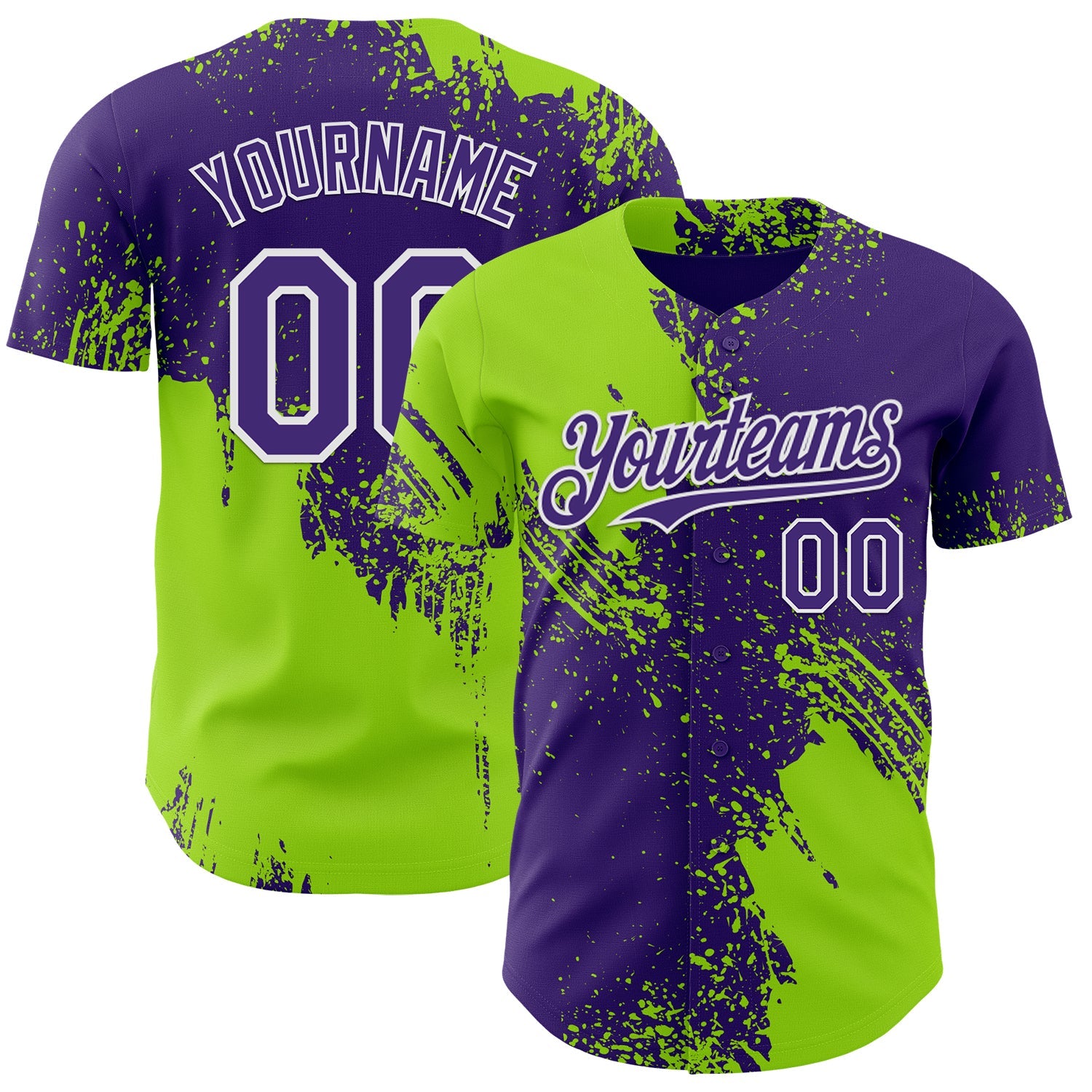 Custom Purple Neon Green-White Abstract Brush Stroke Authentic Baseball Jersey - Main View