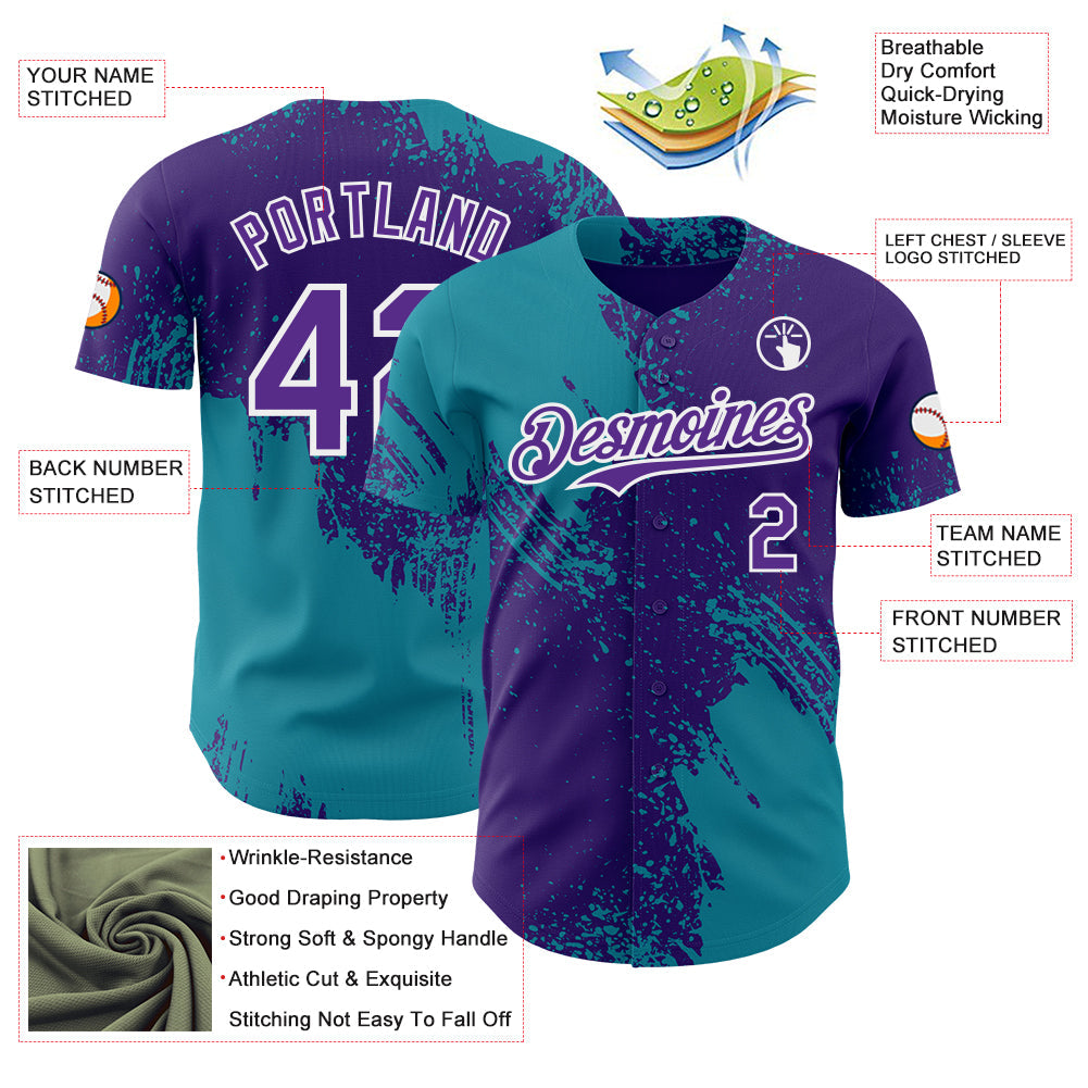 Custom Purple Teal-White Abstract Brush Stroke Authentic Baseball Jersey view 3