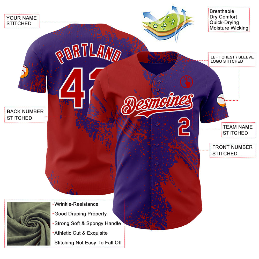 Custom Purple Red-White Abstract Brush Stroke Authentic Baseball Jersey view 3