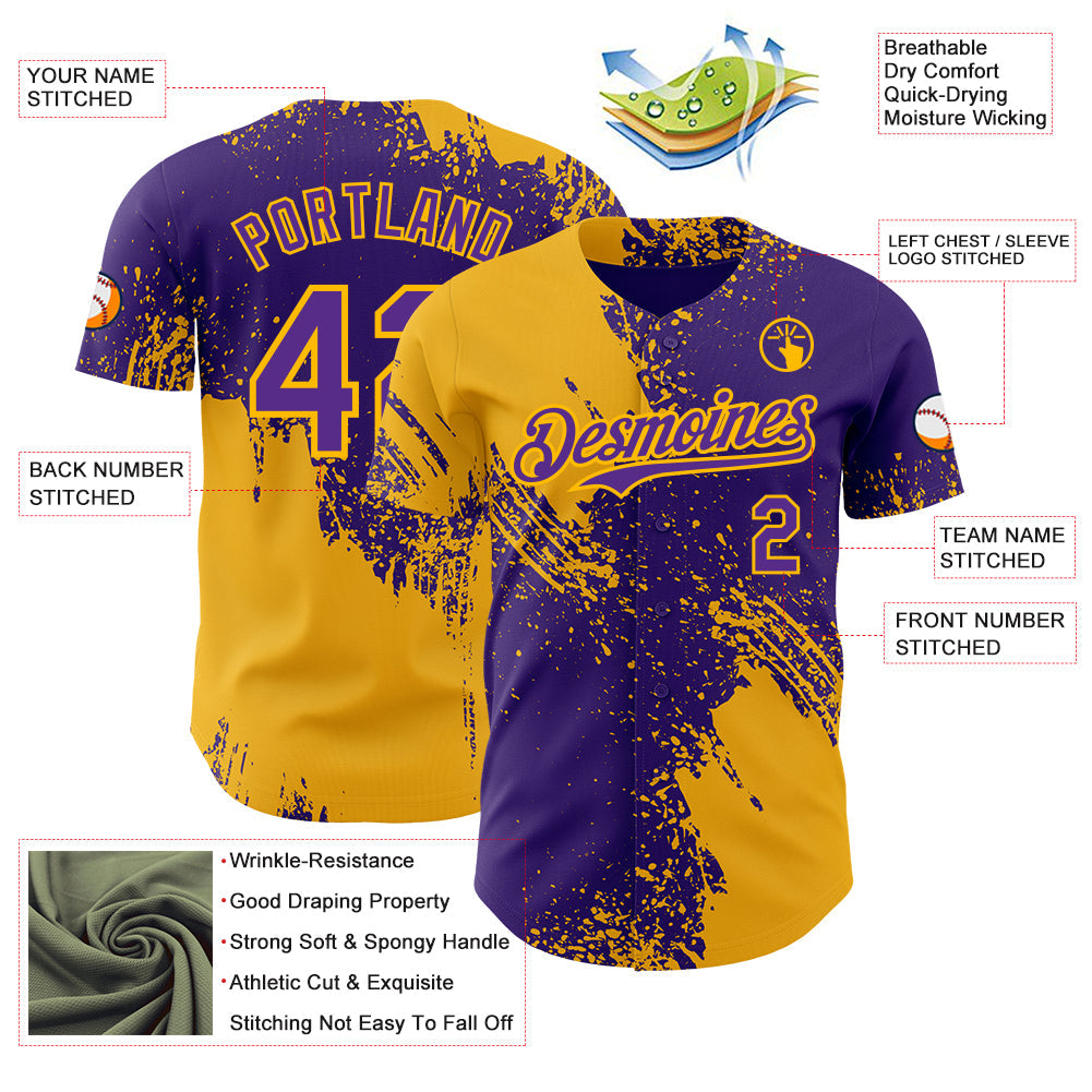 Custom Purple-Gold Abstract Brush Stroke Authentic Baseball Jersey view 3