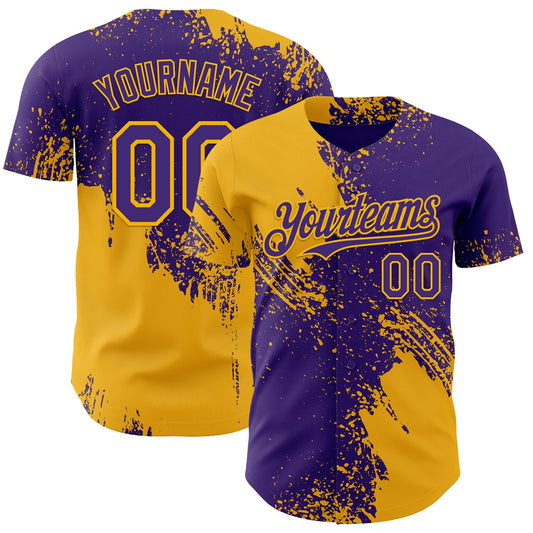 Custom Purple-Gold Abstract Brush Stroke Authentic Baseball Jersey - Main View