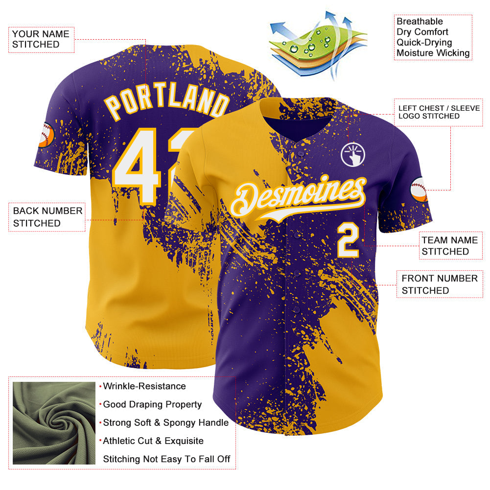 Custom Purple White-Gold Abstract Brush Stroke Authentic Baseball Jersey view 3