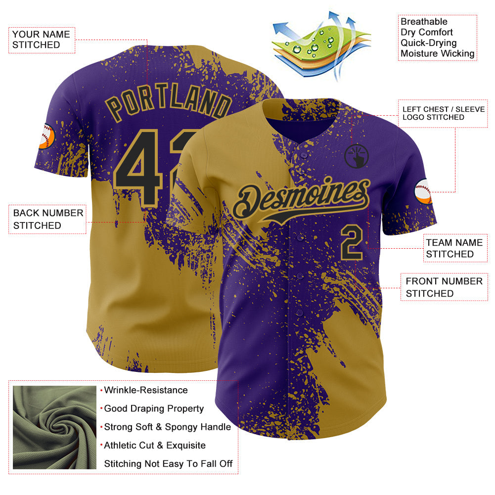 Custom Purple Black-Old Gold Abstract Brush Stroke Authentic Baseball Jersey view 3
